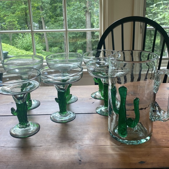 Dining Vintage Set Of 6 Hand Blown Glass Cactus Margarita Glasses And